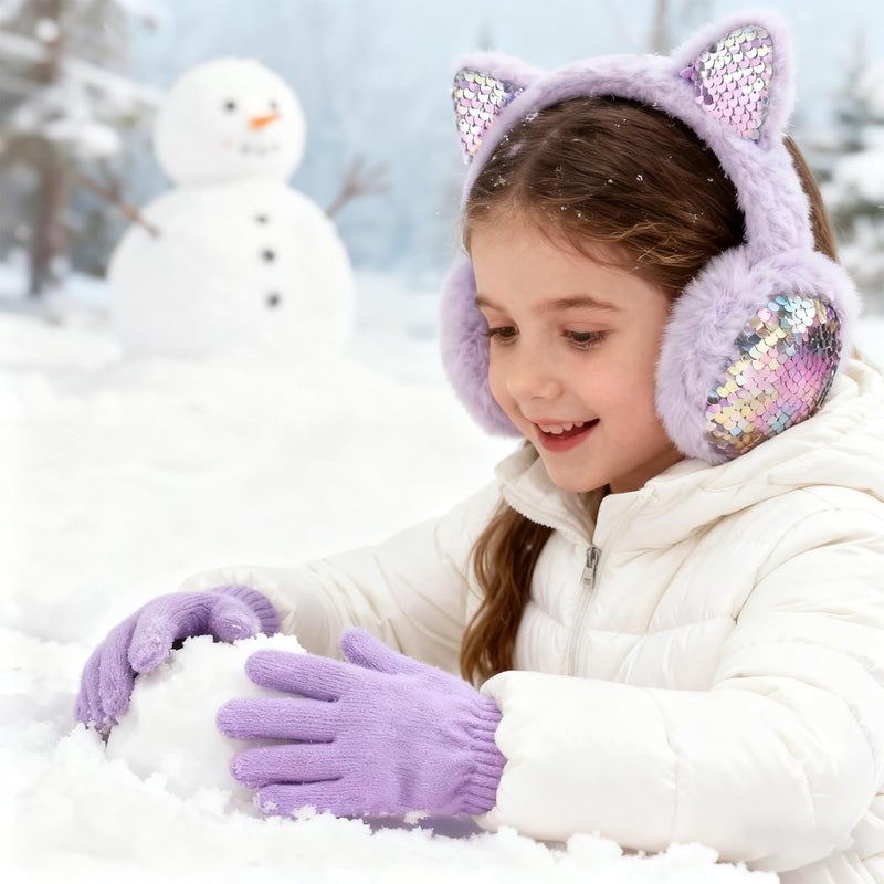 EDCYF Ear Muffs Gloves Set for Kids Girls Winter Ear Muffs Adjustable Sequins Warm Earmuffs Furry Outdoor - Image 2